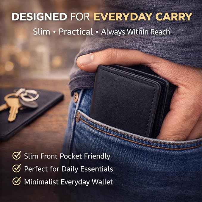 Genuine Leather Bifold Card Holder Wallet for Men & Women – Slim Minimalist Front Pocket Credit Card Wallet, Compact Leather Credit Card Case for Travel & Everyday Carry- Black
