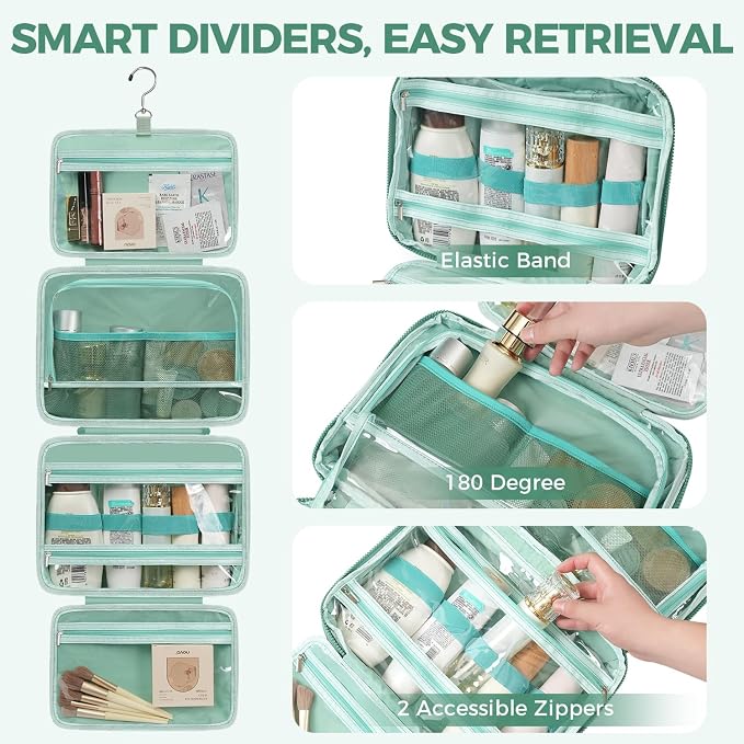 Toiletry Bag for Women, Portable Hanging Organizer, 4 Leakproof Compartments for Full-Sized Conditioners, Brush Sets, Makeup Accessories, Visible and Easy to Access, L, mint