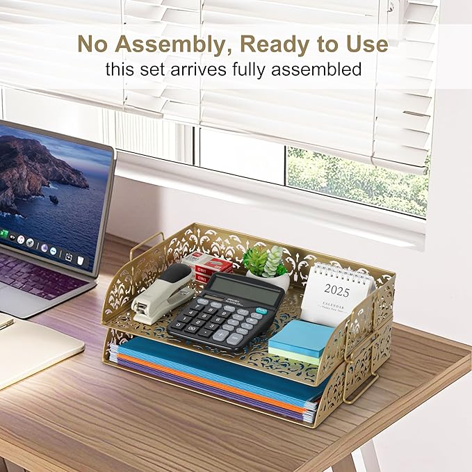 EasyPAG Paper Organizer for Desk 2 Tier Stackable Paper Tray for A4 Legal Size Folders Metal File Storage Desktop Organizer for Home Office School Teacher, Gold