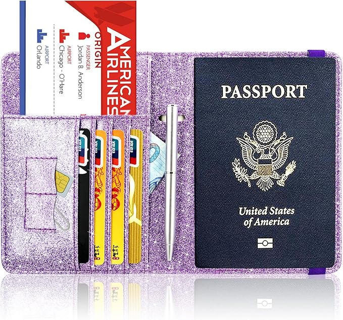 ACdream Passport Holder Cover, Leather Travel Wallet Case, RFID Blocking Document Organizer Protecrtor, with Slots for Credit Cards, Boarding Pass, for Women and Men, Glitter Purple