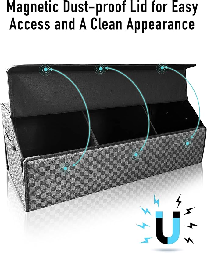 Fyzeoty Trunk Organizer for SUV - Leather Storage Box, Extra Large, Magnetic Lid, Collapsible and Adjustable Car Organizer