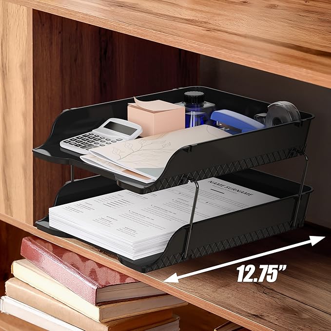 Simple Houseware 2-Tier Stackable Letter Tray Organizer – Desktop File Holder for A4/Letter Size Paper, Document Sorter, Office Desk Paper Organizer, Black