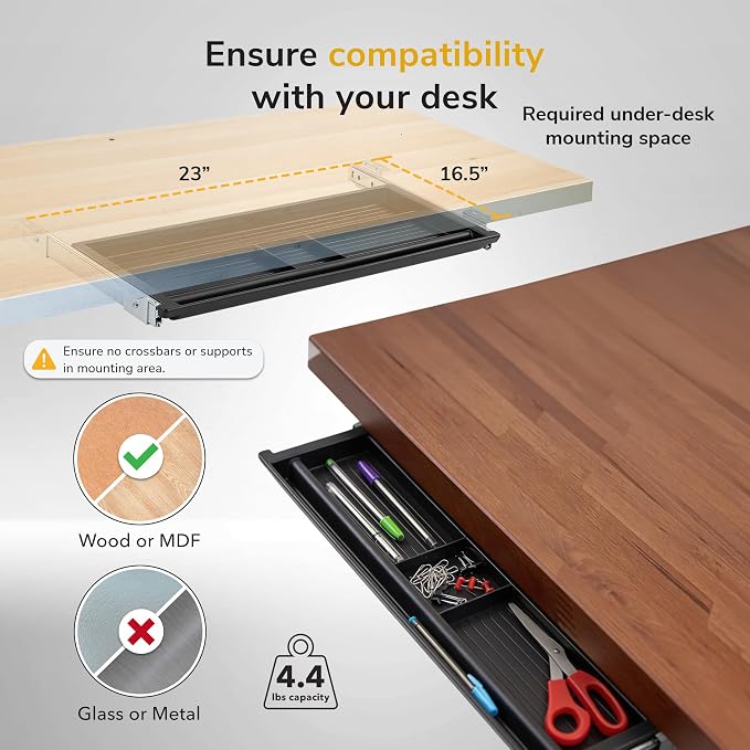 Mount-It! Under Desk Pencil Drawer | 21.25” W, Ball Bearing Slide-Out Organizer for Office Supplies, Paper & Pencils | Fits Desks Over 1” Thick, Adjustable Extension 16.25”–28”