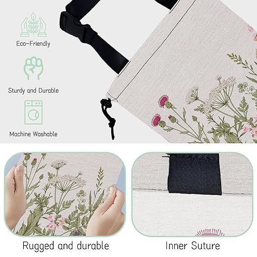 Wild Flowers Car Garbage Bag,Botanical Herbs Waterproof Small Car Trash Bag Hanging Back of Seat,Drawstring Hanging Car Trash Bag with Adjustable Buckle for Car Accessories