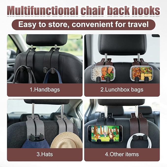 3Pcs Headrest Hooks for Car, Car Purse Hook, Double Leather Car Seat Back Storage Hook for Handbags Purses Bags (3 Color)