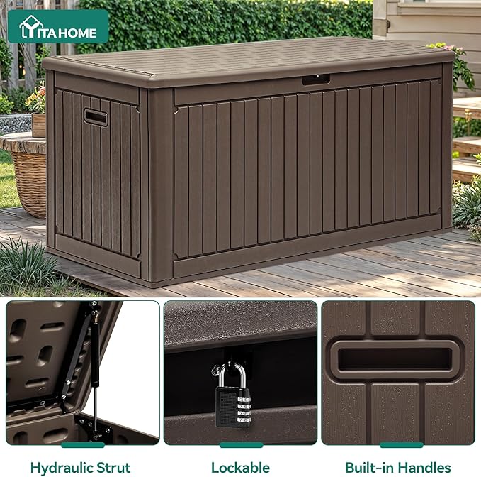 YITAHOME 260 Gallon Extra Large Deck Box, Double-Wall Resin Outdoor Storage Box with Flexible Divider for Patio Cushions Pool Supplies Garden Tools, 1000lbs Load Capacity, Lockable&Waterproof (Brown)