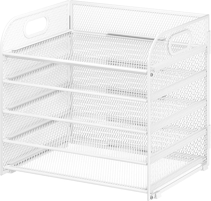 Cawukege 5 Tier Paper Organizer with Handle, White Metal Mesh Desk Organizer File Folder Paper Letter Tray Desktop Document Sorter for Classroom, School, Office Accessories Organization and Storage