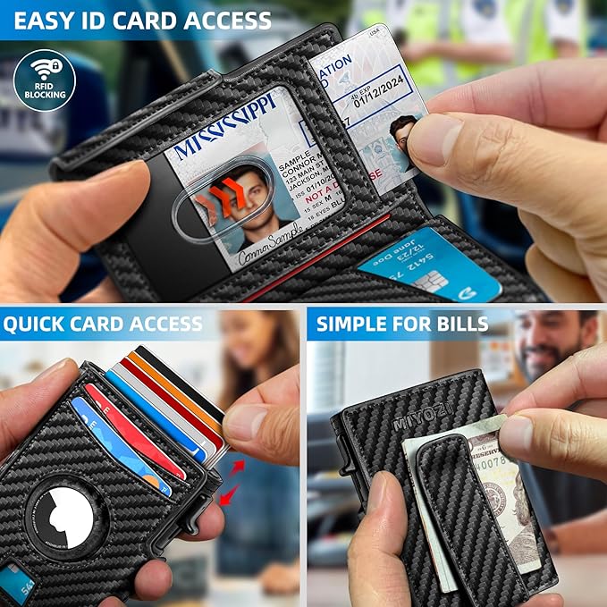 miyozi Airtag Wallet for Men,with Money Clip 10 Cards Metal Case Smart Slim Pop Up Credit Card Holder Flip with Magnetic Closure RFID Blocking wallet with Gift Box