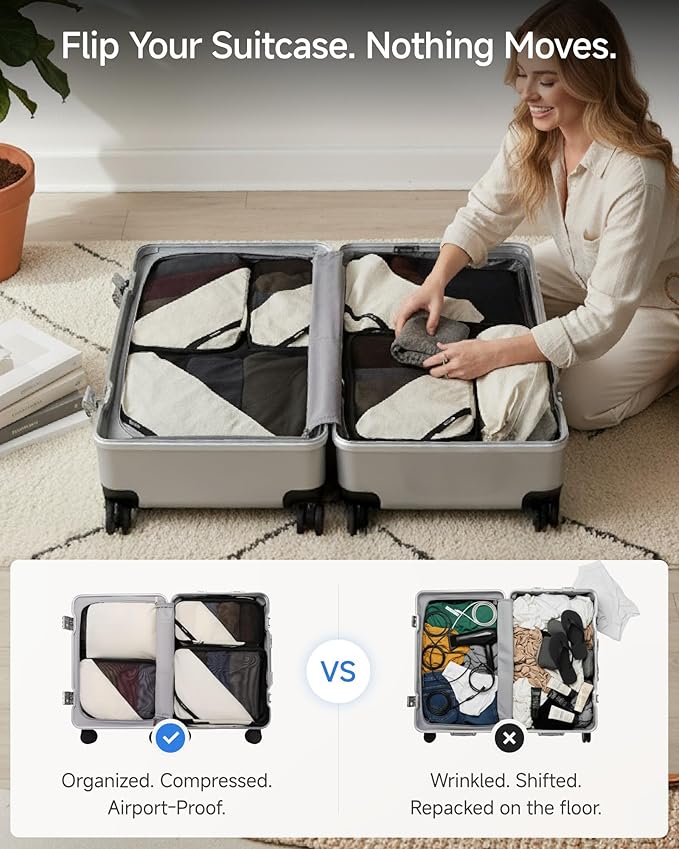 LUGGEX Compression Packing Cubes for Travel, 4 Set Lightweight Luggage Organizer Bags with Shoe Bag, Space Saving Suitcase Packing Cubes for Carry-On (POX01, Beige)