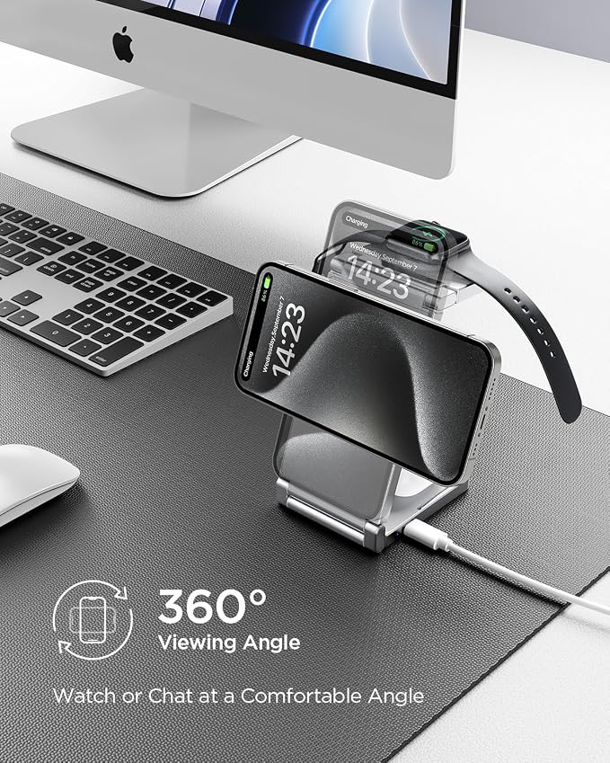 Magnetic Charging Station,Hohosb 3 in 1 Foldable Zinc Alloy Wireless Charger Stand[Compatible with Magsafe Charger] for iPhone 15/14/13/12 Series,AirPods Pro/3/2,Apple Watch/iWatch(Titanium Grey)