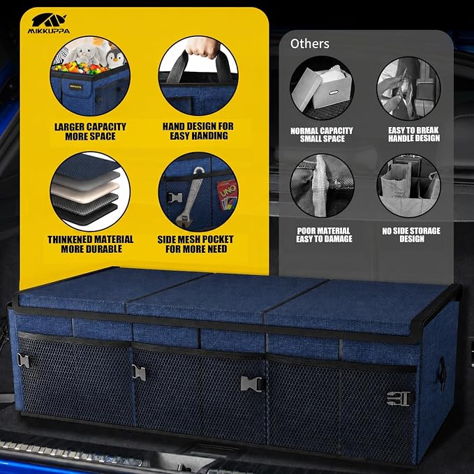 MIKKUPPA Car Trunk Organizer - 95L Collapsible Trunk Organizer with Lid, Sturdy Car Storage for SUV Auto Truck Van with Adjustable Straps and Non Slip Bottom (Blue, XX-Large)