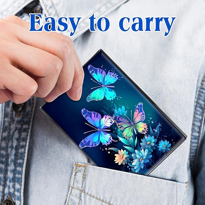 RFID Blocking Credit Card Holder - Slim Metal Wallet for Women & Men,Blue Butterflies Flowers Design Stainless Steel Business Card Case,Compact Pocket Organizer for Travel & Daily Use