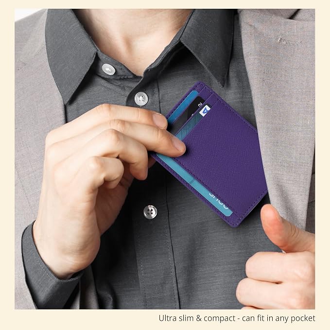 Real Leather Slim Minimalist Wallet for Men and Women -RFID Blocking Front Pocket Thin Credit Card Holder Stylish Wallets (Purple)