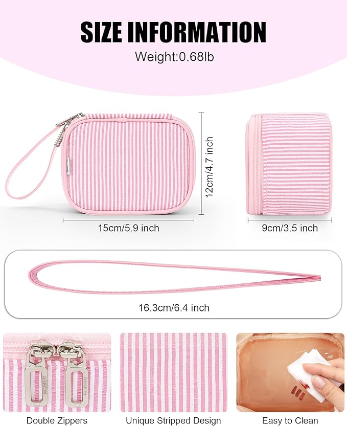 Relavel Mini Makeup Bag with Led Mirror, Small Cosmetic Bag with 3 Light Modes, Rechargeable Portable Makeup Pouch with Hands-Free Wrist Strap for Pool Parties丨Work Touch-Ups丨Travel - Pink Strip