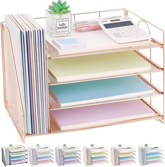 OPNICE Desk Organizer, 5-Tier Paper Organizer Letter Tray with Magazine Holder, Office Desk Accessories & Workspace Organizers, Desktop File Organizer for Office Supplies Storage, Rose Gold