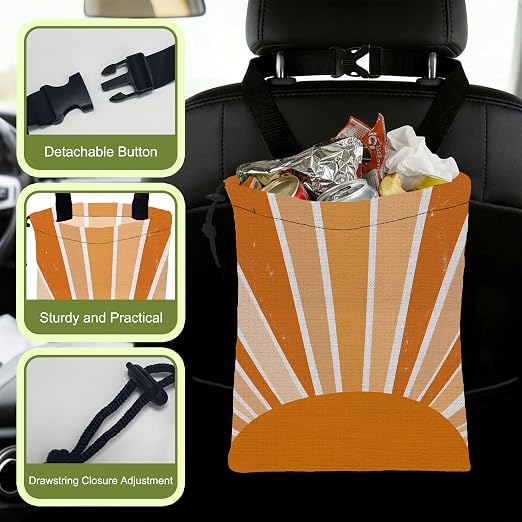 Car Trash Bag Retro Boho Sunburst Leak-Proof Waterproof Car Garbage Bag with Drawstring Foldable Canvas Trash Bin with Adjustable Buckle for Car Accessories