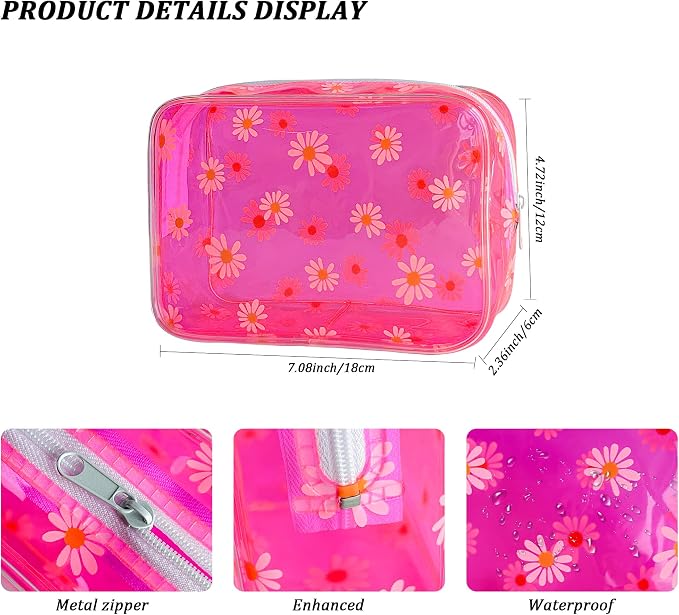 Neon TSA Approved Clear Toiletry Pouch, 7"x2.3"x4.7" Size, PVC Travel Makeup Bags for Toiletries, Transparent Cosmetic Bag for Women and Men Small (Daisy~6PCS)