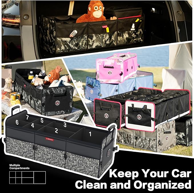 LIBZAKI Car Trunk Organizer,3 Compartments Big Trunk Storage, Large Capacity, Foldable, 95L Heavy Duty Storage Box for Car, SUV, Truck,Jeep, Includes 26L Cooler Bag-Black Camouflage