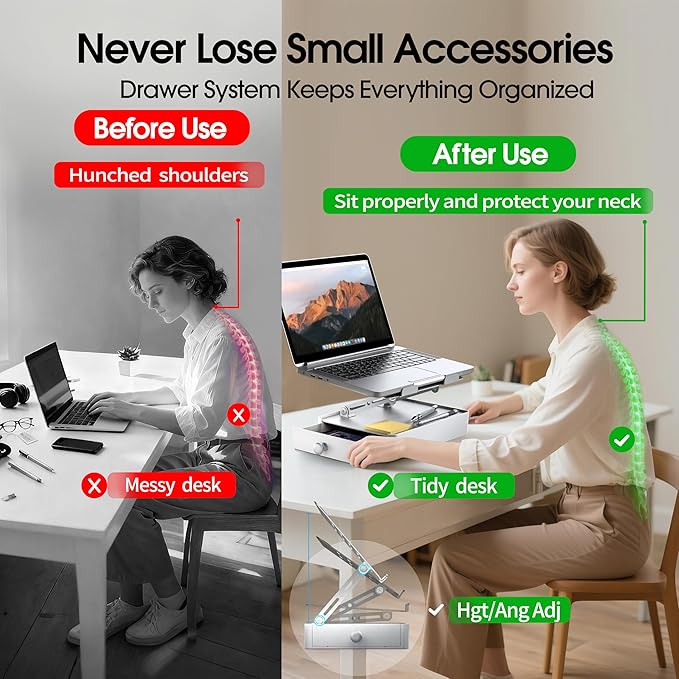 Laptop Stand with Storage Drawer, Adjustable Ergonomic Laptop Riser for Desk, Heavy-Duty Metal Stand for 10??6??Laptops, Space-Saving Desk Organizer for Remote Work & Home Office, Silver