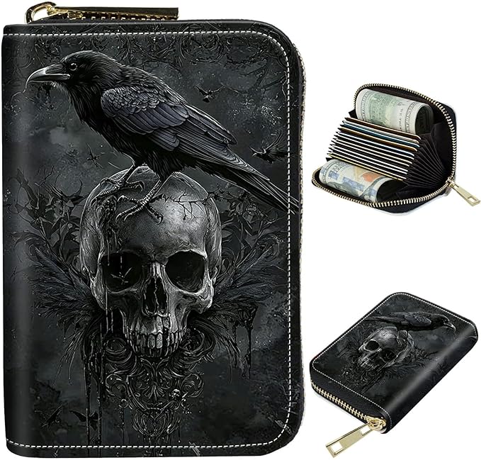 Cute Credit Card Holder with Zipper, Crow Skull RFID-Blocking Card Case Small Wallet for Women Men, Multi-slot Card Organizer Case Travel Accordion Wallet