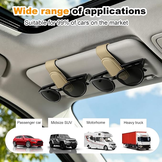 Sunglass Holder for Car Visor Magnetic Leather Visor Sunglasses Clip Eyeglass Hanger Clip for Car Sun Visor Beige 1 Pack