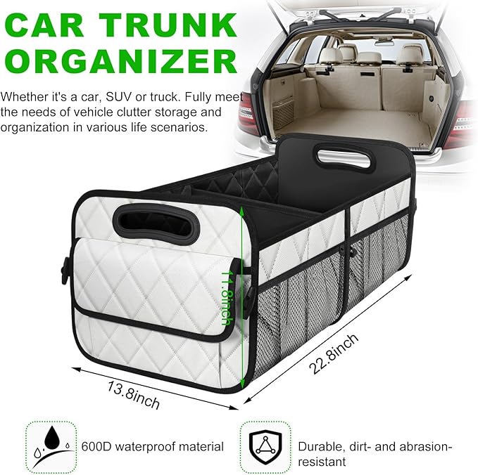 Car Trunk Organizer, Multi-Compartment Auto Trunk Storing Bag with Pockets, Collapsible Organizer and Storage for Sedans, SUVs, Trucks, Universal Interior Car Accessories (White)