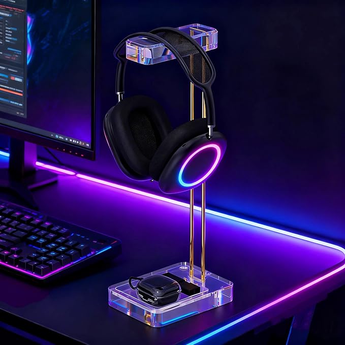 GEEKRIA Headphone Stand for Desk, Clear Acrylic Headset Stand with Gold Metal Accent, Gaming Headphone Holder, Universal Desktop Display Stand for Over-Ear Headphones