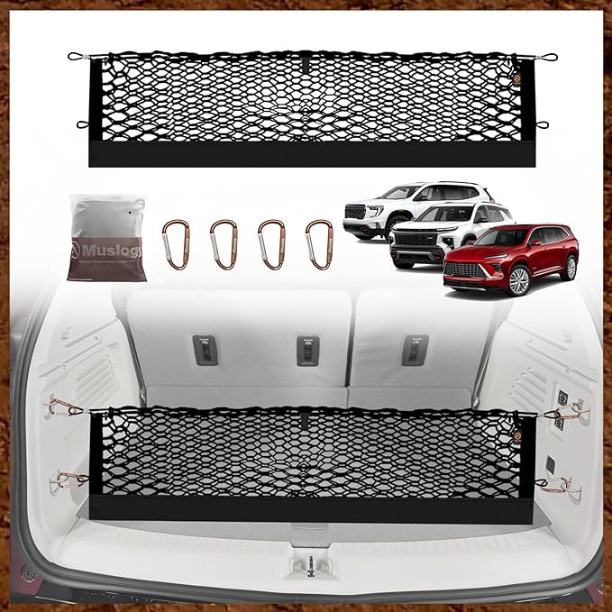 Muslogy Truck Bed Cargo Net Trunk Netting Compatible with 2024-2026 GMC Acadia | Chevy Traverse | 2025+ Buick Enclave Accessories, Pickup Cargo Organizer SUV Sedan Storage Net w/Heavy Duty Carabiners