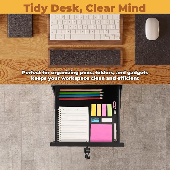 POPMOON 18in Under Desk Drawer with Lock Large Pull Out Storage Organizer | Large 18in under desk drawer with lock,smooth slide rails,adjustable mounting height, supports up to 33 lb