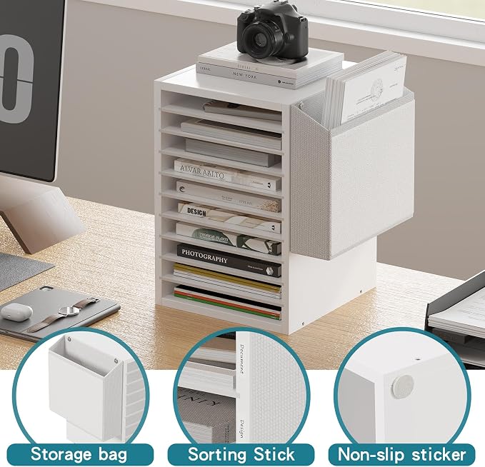 Unionly Office Mail Sorter, Wooden Paper Organizer with Storage Bag, 10 Tier Adjustable Classroom Mailbox, Removable Classroom Organization, Teacher Desk Organization for Office, Study, White