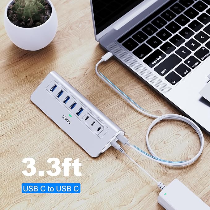 Powered USB Hub 10Gbps, intpw YH6AC Plus 10 Port USB 3.2 Hub(USB A/USB C 3.2+3 USB-A 3.0+2 PD 45W Fast Charging Ports+SD/TF Card Reader), 65W Power Adapter,Aluminum USB HUB for PC,Laptop,iPhone 17/16