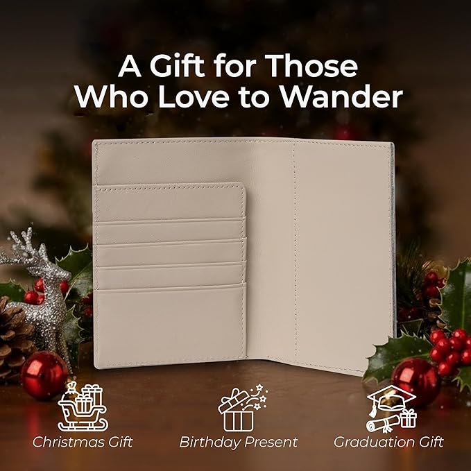 WANDERINGS Leather Passport Holder for Travel – RFID Blocking Passport Wallet & Cover for Men and Women – Slim Travel Wallet Case with Card Slots – Genuine Full Grain Leather – 5.5" x 4" - Oat Color