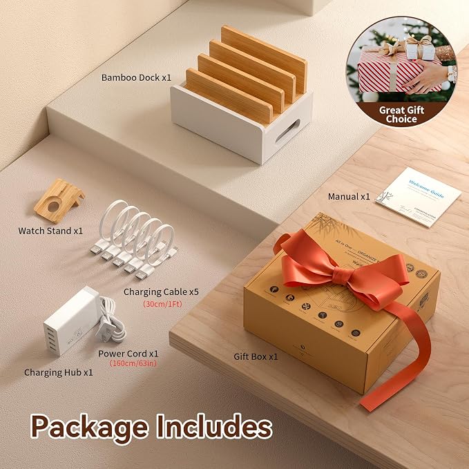 Pezin & Hulin Bamboo Charging Station for Multiple Devices with 5 Port USB Charger,5Cables,Smart Watch&Earbuds Stand, Desk Docking Stations Electronic Organizer for Cell Phone, Tablet (Natural+White)