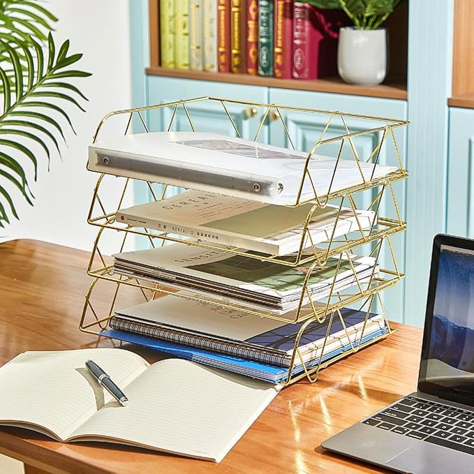 Yeaqee 4 Tier Stackable Gold Desk Organizer Paper Tray Rack Metal Letter Desk File Organizer Horizontal Holder File Trays for Office Desktop Supplies and Accessories