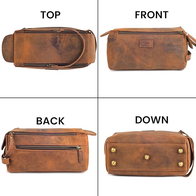 Rasavi Genuine Leather Travel Toiletry Bag for Men & Women, Handcrafted Vintage Dopp Kit, Water-Resistant Shaving & Bathroom Essentials Organizer - Distressed Brown