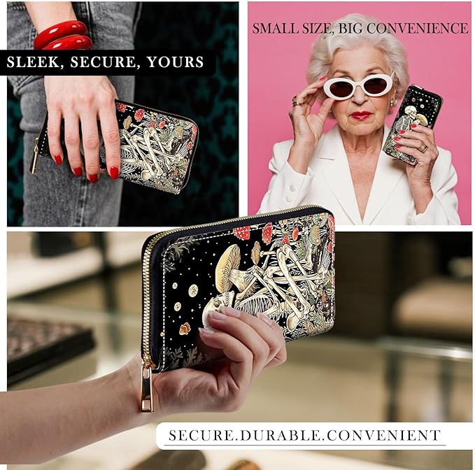 RFID-Blocking Zip Around Wallets for Women with Detachable Wrist Strap,Large Capacity Phone Holder with Card Organizer & Coin Pocket,Skull Men Mushroom Star