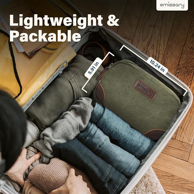 emissary Men's Canvas Travel Toiletry Bag, Leather Dopp Kit - Dark Green | Durable canvas & PU leather, water-resistant lining, side handle; roomy men's Dopp kit for travel & gym