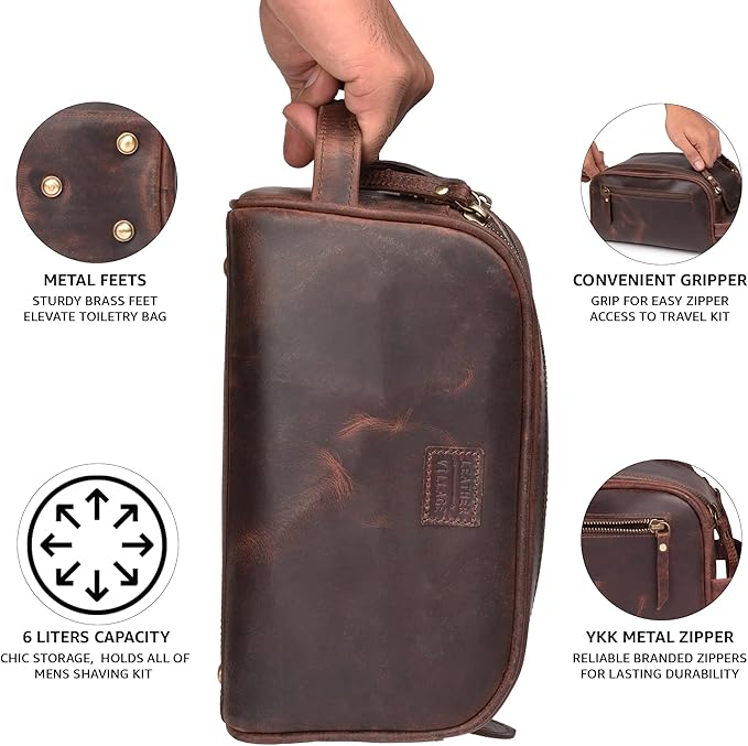 LEATHER VILLAGE Genuine Leather Toiletry Travel Bag With Waterproof Lining - Mulberry Brown | King-Size Handcrafted Vintage Dopp Kit Bag, Shaving & Bathroom Organizer, Gift for Men & Women