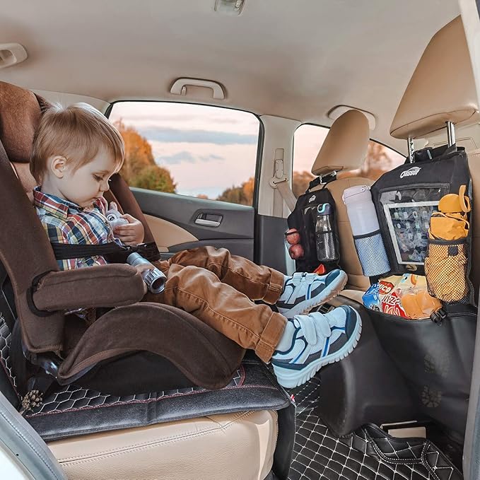 Oasser Seat Back Protector Kick Mats 12.9" I pad Holder 2 Pack XL with 1 Tissue Box Car Seat Organizer Back of Seat Protector Clear 2 Large Car Organizers and Storage