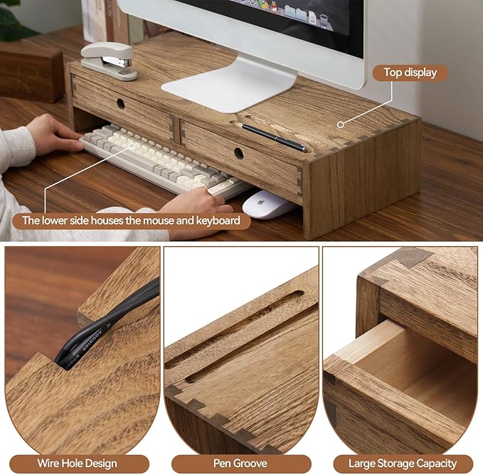 KIRIGEN Wood Monitor Stand with 2 Drawers, Solid Wood Computer Monitor Riser for Desk, Desktop Organizer Shelf with Cable Management, Pen Slots, Brown, No Assembly PMJ-DBR