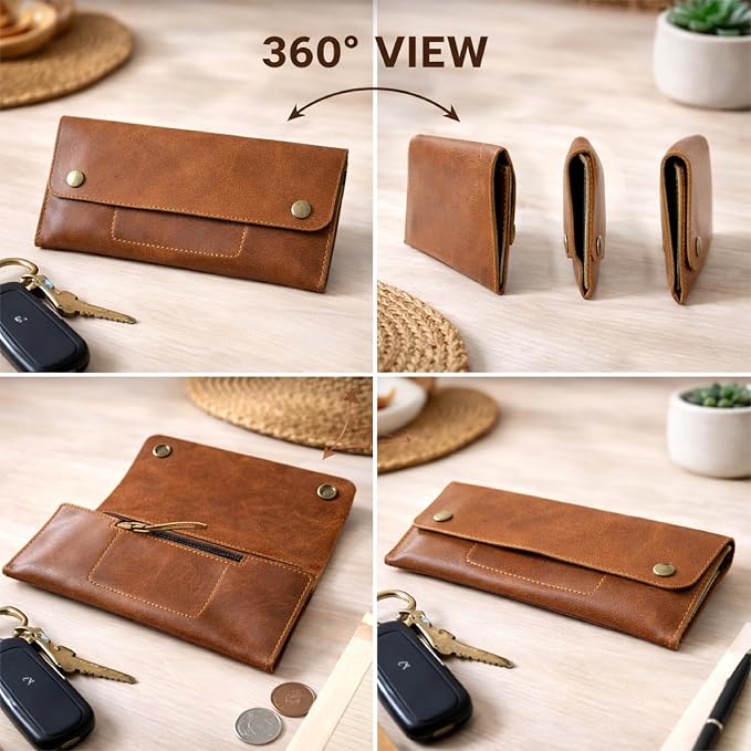 Leather Currency Pouch, Currency Organiser, Dollar Bills Holder, Bills Organizer, Money Envelope with Mobile Pocket, Money Bag For Men & Women (TAN)