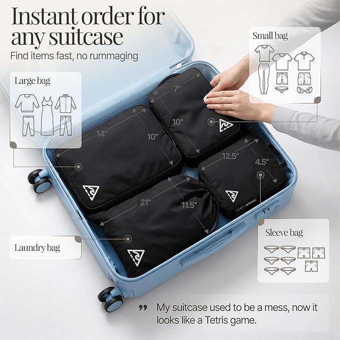 Well Traveled 8 pcs Compression Packing Bags Cubes Set with HybridMax Double-Capacity Design - Packing Cubes for Travel Compression to Maximize Limited Luggage Space, Black