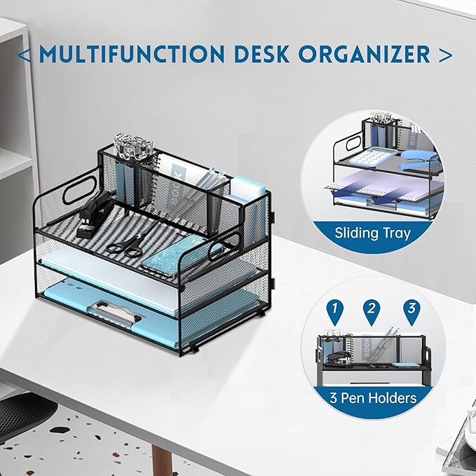 3 Tier Desk File Organizer with Pen Holder, Mesh Paper Tray File Organizer for Desk, Fold Holder with Handle for Office, Classroom, Home, Workspace(Black)