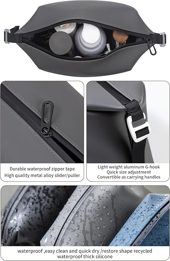 6"x 9.84" 4.5L Large Silicone Toiletry Bag,Waterproof Leakproof Foldable Travel Organizer,Dopp Kit Alternative for Men & Women,Grey