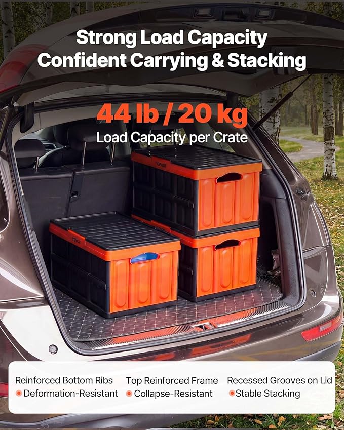 VEVOR Plastic Collapsible Storage Bins with Lids, 45L 3Packs, Stackable Folding Storage Crates with Handles, Holds 44 lbs Per Bin, Heavy Duty Containers, Space-Saving Baskets, for Home Organizing