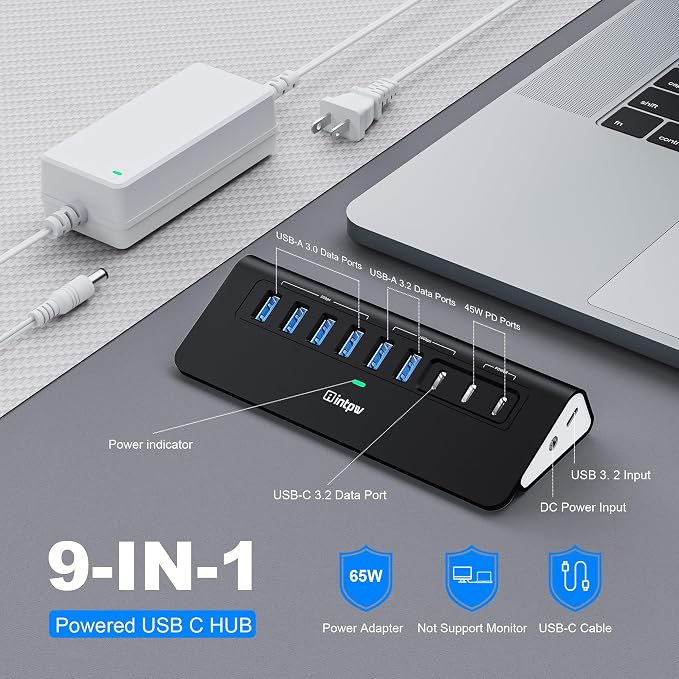 Powered USB Hub 10Gbps,intpw YH6AC 9-Port USB Splitter with USB A/USB C 3.2, 4 USB 3.0, 2 PD 45W Charging Ports, 65W Power Adapter and 3.3FT Cable, Aluminum Black USB Hub for Laptop/PC,iPhone 16/15