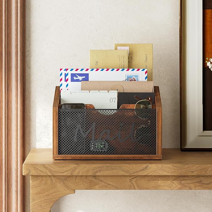 YATINEY Mail Organizer Countertop, Mail Holder with 4 Slots, Mail Sorter for Desk, Wooden Office Desk Organizer, Mail Organizer for Magazines, Files, Papers, Folders, Rustic Brown and Black MR04BR
