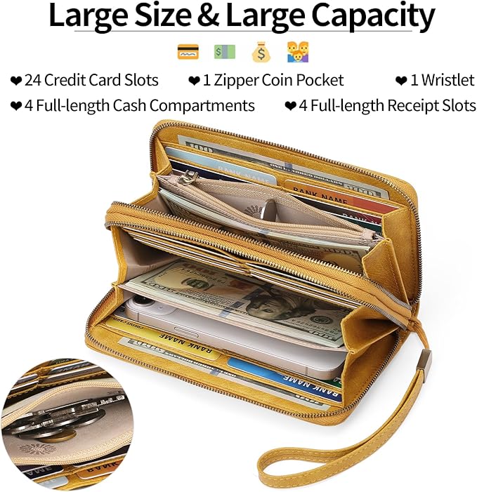 GAEKEAO Wallet for Women Clutch RFID Blocking Wristlet Leather Purse Large Capacity Credit Card Holder with Grip Hand Strap