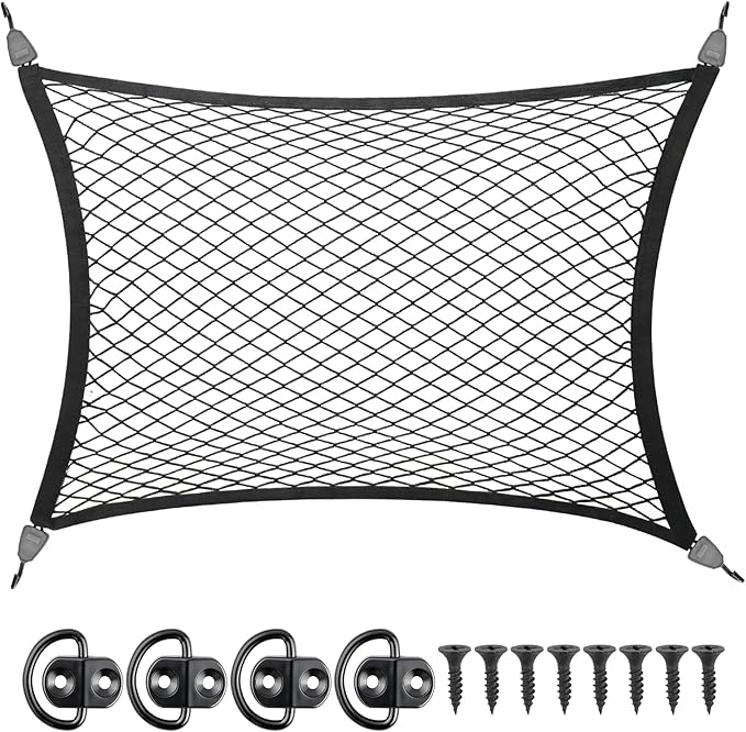 Elastic Cargo Net for SUV with Hooks, Net Stretchable Mesh Organizer 32" x 24" Stretch to 63" x 43", Rear Trunk Bed Netting Cover, Elastic Cargo Net with Fixing Hooks D-Rings, Road Trip Essentials