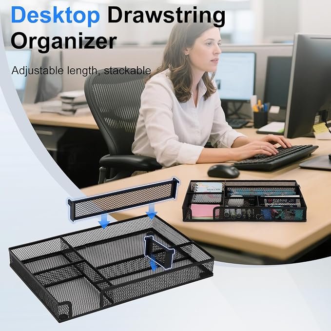 Desk Drawer Organizer Tray with 2 Adjustable Compartments, Metal Mesh Drawer Organizer, Multifunctional Desktop Drawer Organizer Organizer Set for Office, Home and School Supplies, 2.6x8.26x1.57 in